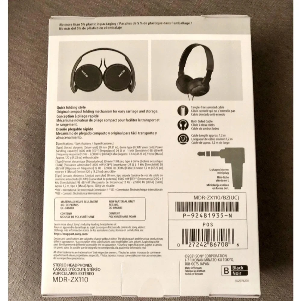 SONY Wired On-Ear Headphones ZX Series Black NWT Kids MDRZX110 School